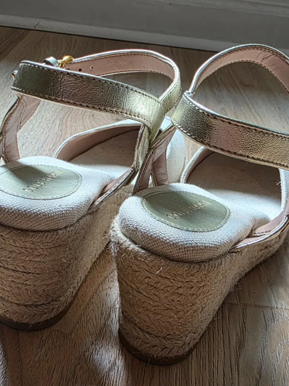 Cole Haan Grand.ØS Linen Espadrille Wedge Sandals Gold Ankle Strap 9.5
